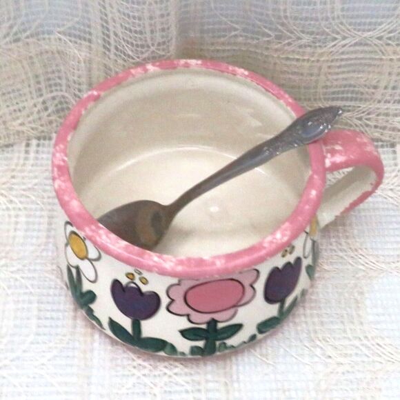 Handmade Vintage White Ceramic Soup Mug with Purple and Pink Flowers, Soup Cup - Picture 7 of 7